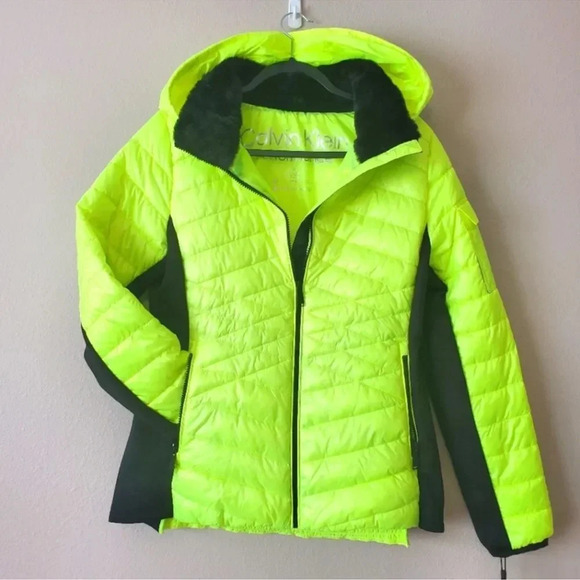 Calvin Klein Hooded Mixed-Media Puffer Jacket -Safety Yellow NWT - Picture 7 of 13